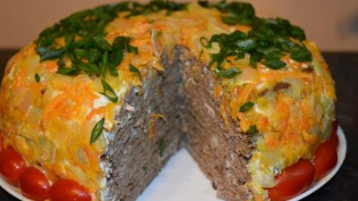 Печеночный торт с грибами и сыром «Филадельфия»