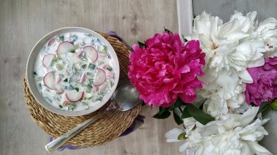 Окрошка классическая с колбасой на кефире