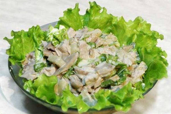 Салат из курицы, грибов и огурцов с чесночным соусом, рецепт с фото