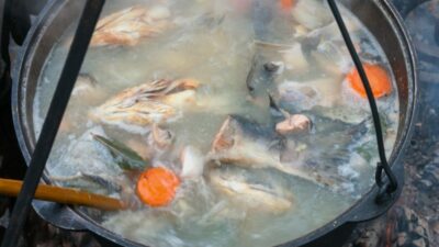 Уха белая с зеленью на костре