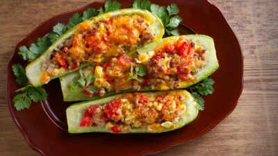 Лодочки из кабачков с куриным фаршем и шампиньонами