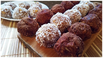 Конфеты из печенья с бананом и арахисом в коксовой стружке и какао