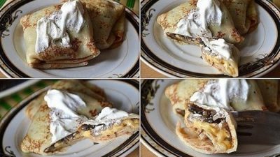 Блинчики с грибами, луком и сыром