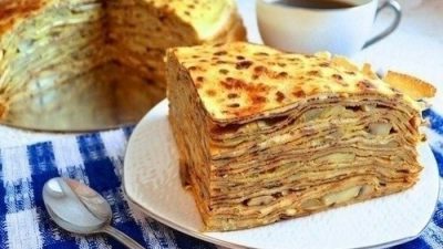 Блинный торт с шампиньонами и сыром