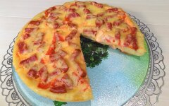 Пицца на кефире с колбасой и сыром на сковороде