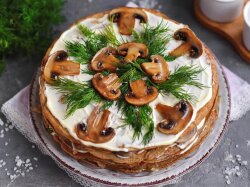 Торт из печени с грибами и зеленью