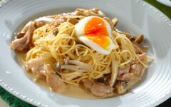 Спагетти с курицей и опятами в соусе