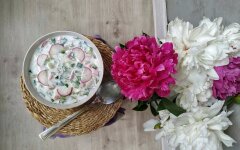 Окрошка классическая с колбасой на кефире