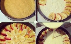 Творожная запеканка с бананами и персиками в сметанной заливке