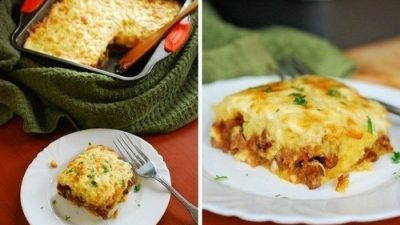 Картофельная запеканка с мясом, сыром и зеленым горошком