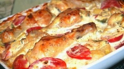 Куриная голень с овощами, под соусом