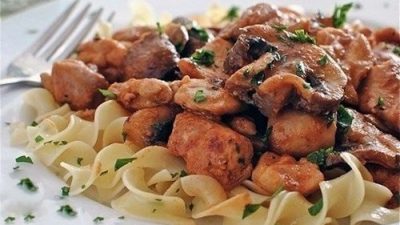 Куриное филе с шампиньонами в сковороде