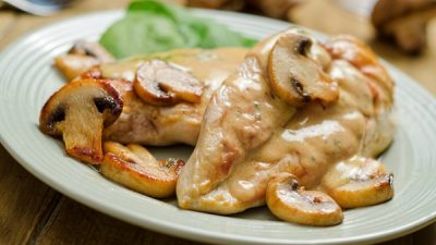 Куриные грудки с грибами в сливках на сковороде