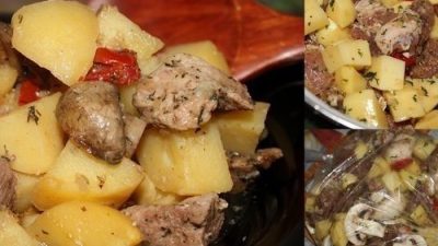Мясо с картофелем и шампиньонами в рукаве