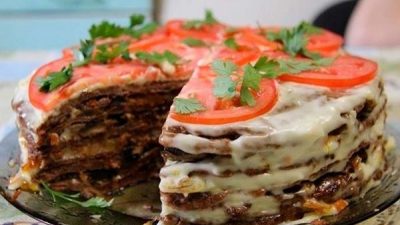 Нежный печеночный торт с грибами