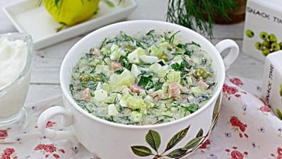 Окрошка на минералке с лимонным соком и горчицей