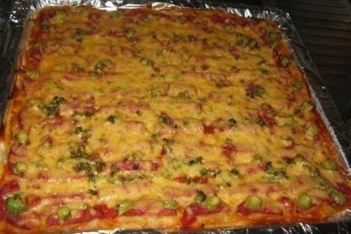 Пицца на кефирном тесте с сосисками и шампиньонами