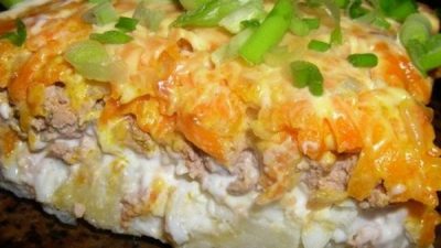 Слоеный салатик с куриной печенью