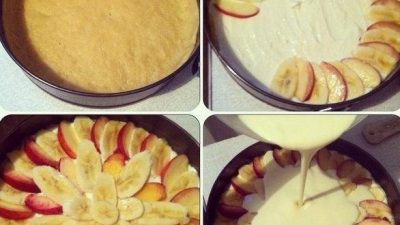 Творожная запеканка с бананами и персиками в сметанной заливке