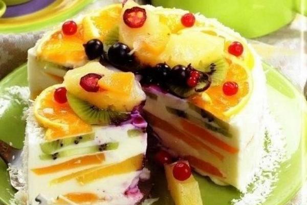 Творожный торт с желатином и фруктами