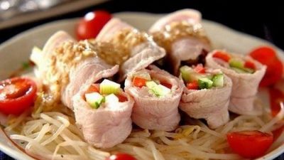 Закусочные рулетики из ветчины с овощами