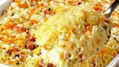 Запеканка из риса с сыром и ветчиной
